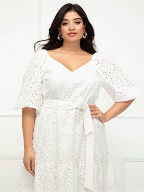 Eloquii White Eyelet V-Neck Belted Midi Dress 100% Cotton